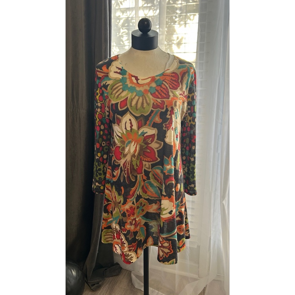 Amma Printed Dress Size Large Knit Long Sleeve Scoop Neck Stretch Art Floral